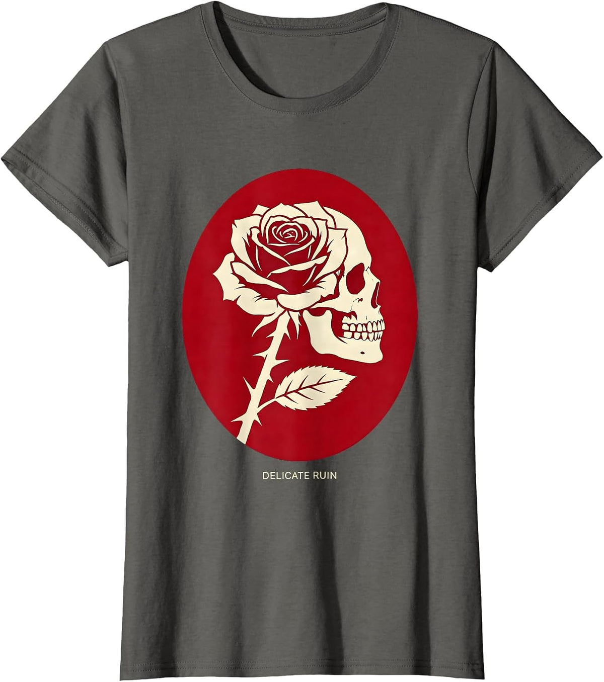 Women's Delicate Ruin Gothic Rose Skull Alt Aesthetic Dark Romantic T-Shirt - Asphalt Grey
