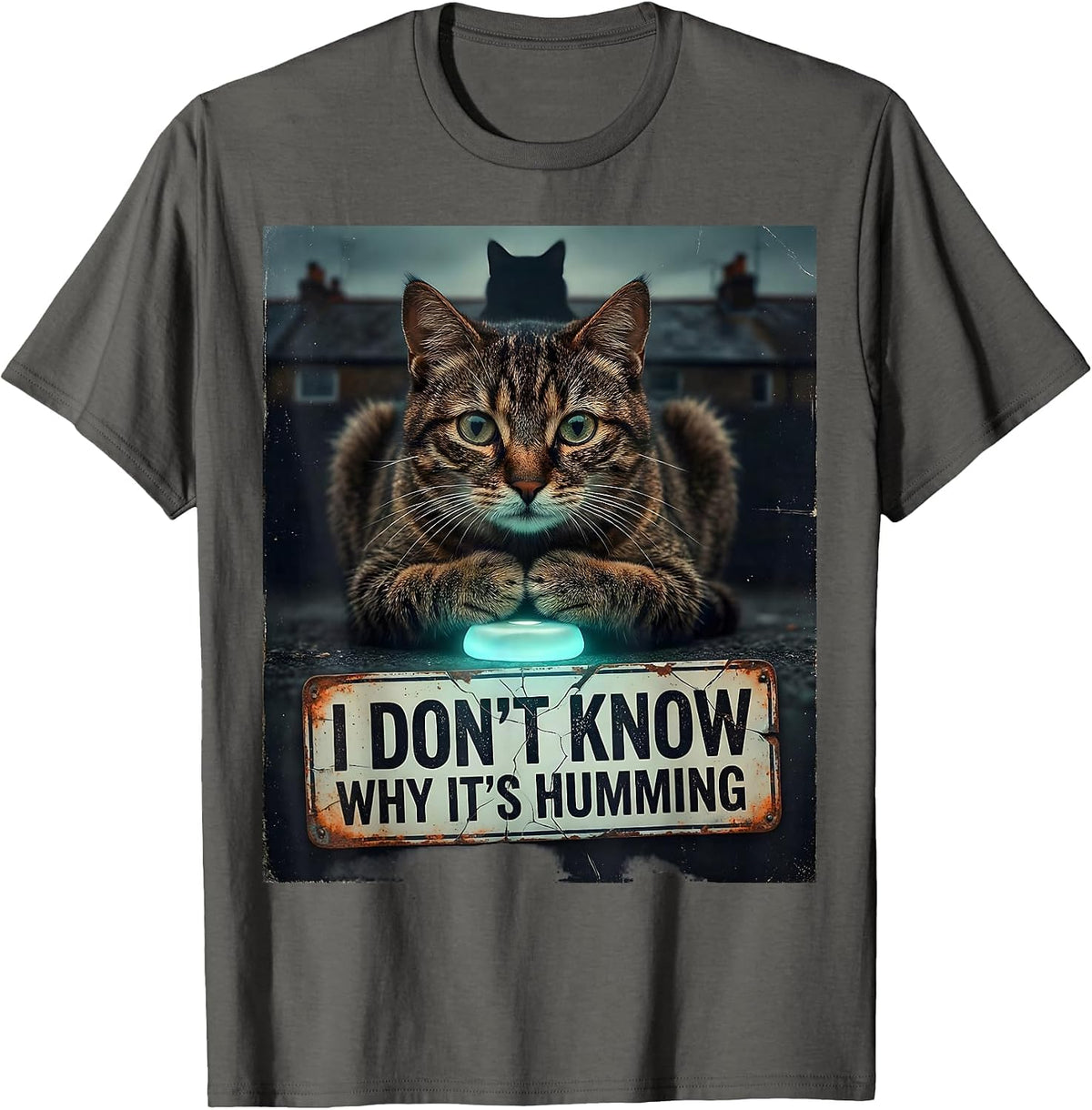 I Don't Know Why It's Humming Distressed Funny Cat UFO Meme T-Shirt - Asphalt Grey