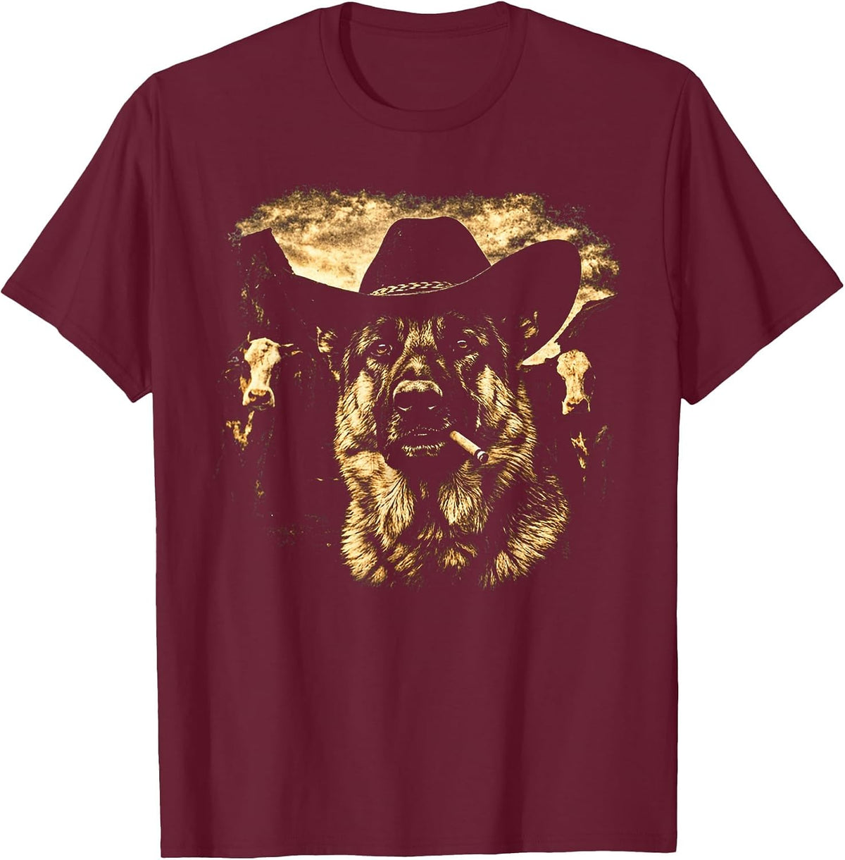 German Shepherd Western Graphic Cowboy Dog Smoking T-Shirt - Burgundy