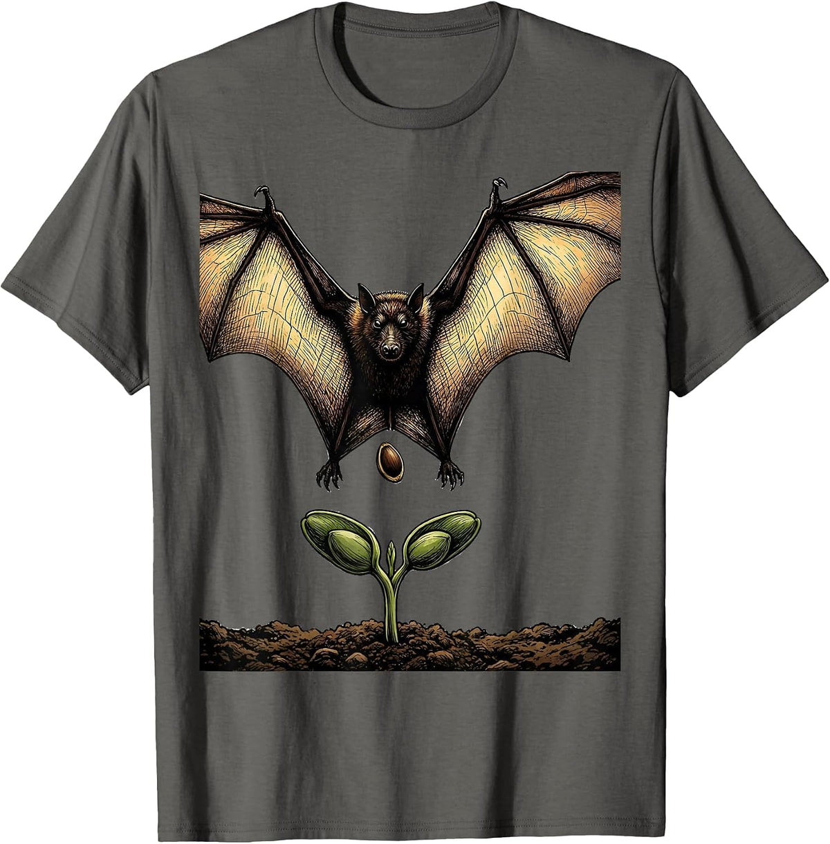 Men's Three-Quarter Fruit Bat Vintage Nature Illustration T-Shirt - Asphalt Grey