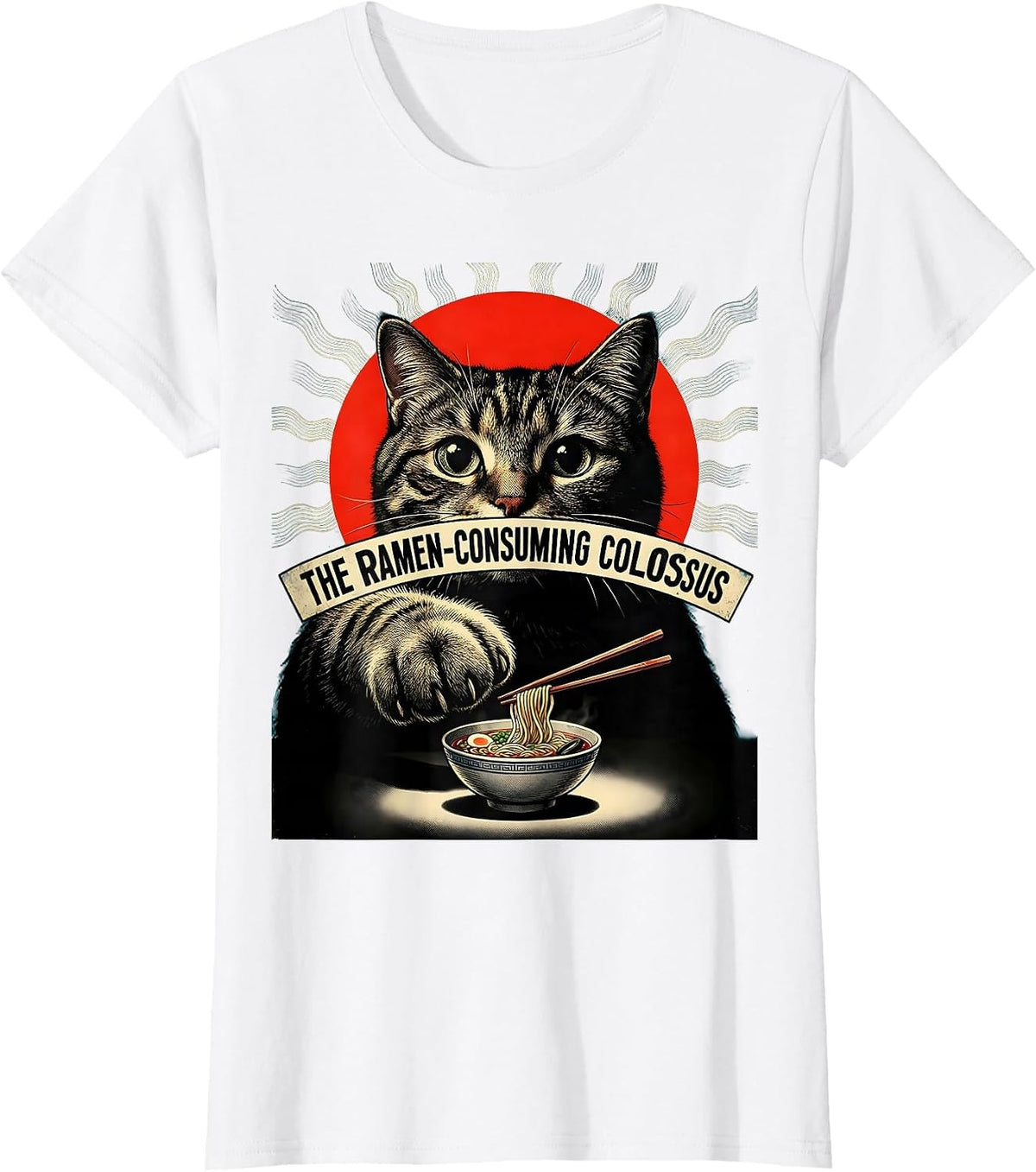 The Ramen-Consuming Colossus Pulp Cover Vintage Kaiju Cat T-Shirt - White