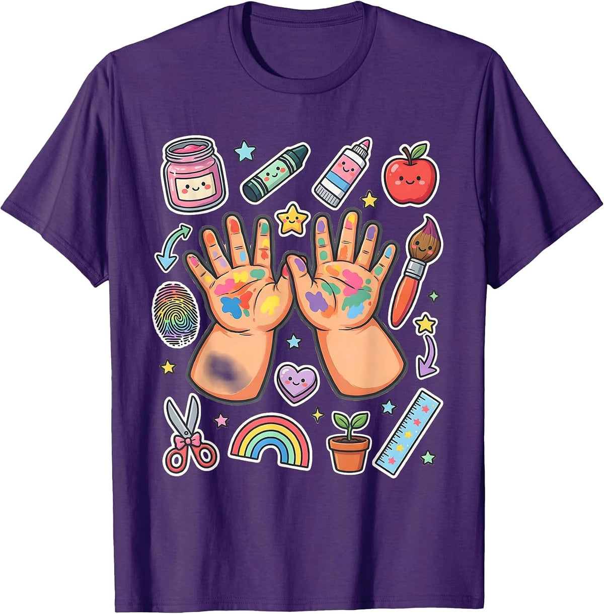 Kindergarten Teacher Paint Hands Graphic T-Shirt - Purple