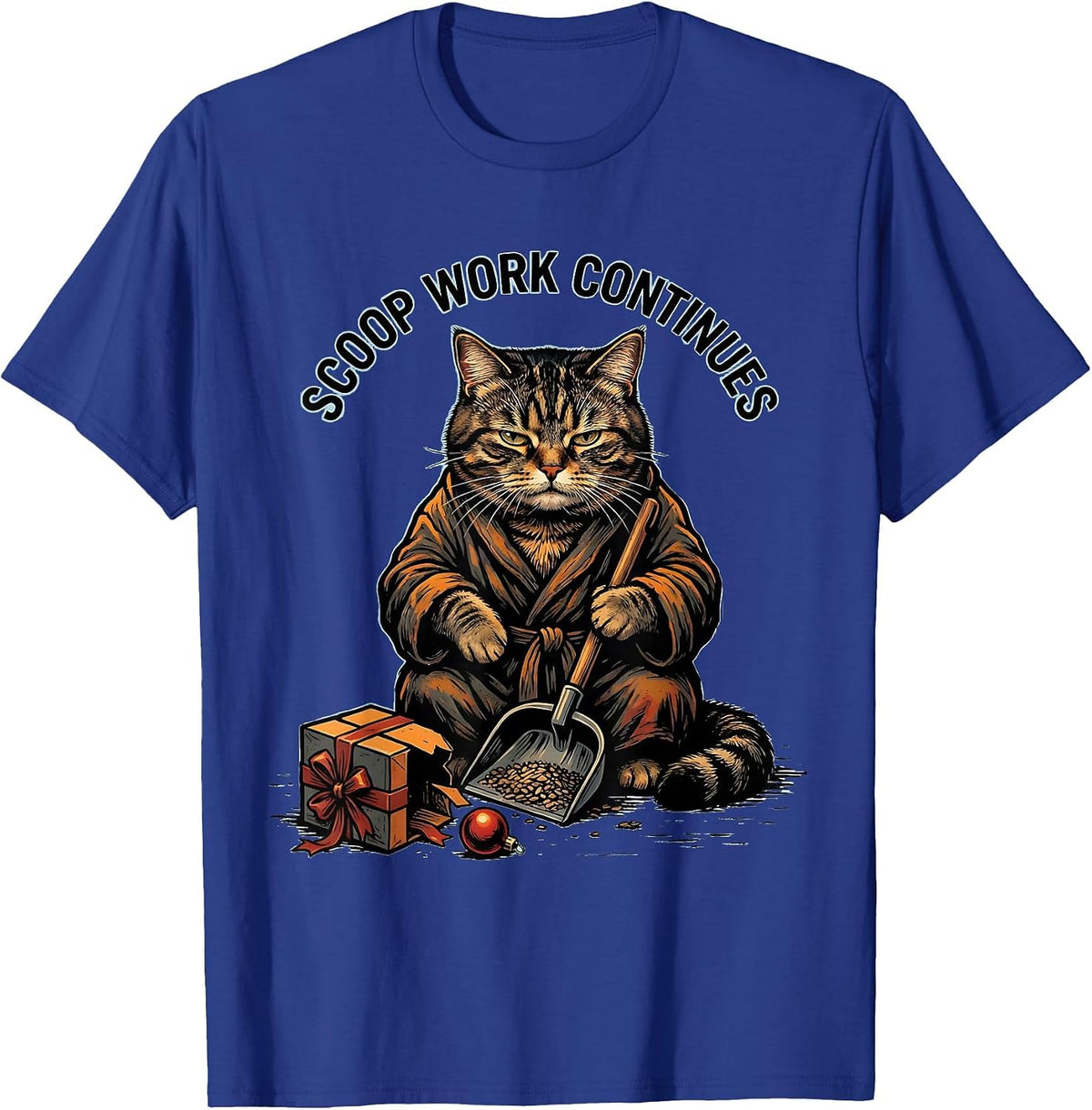 Scoop Work Continues Funny Cat Lover Christmas Grumpy Humor T-Shirt - Royal Blue