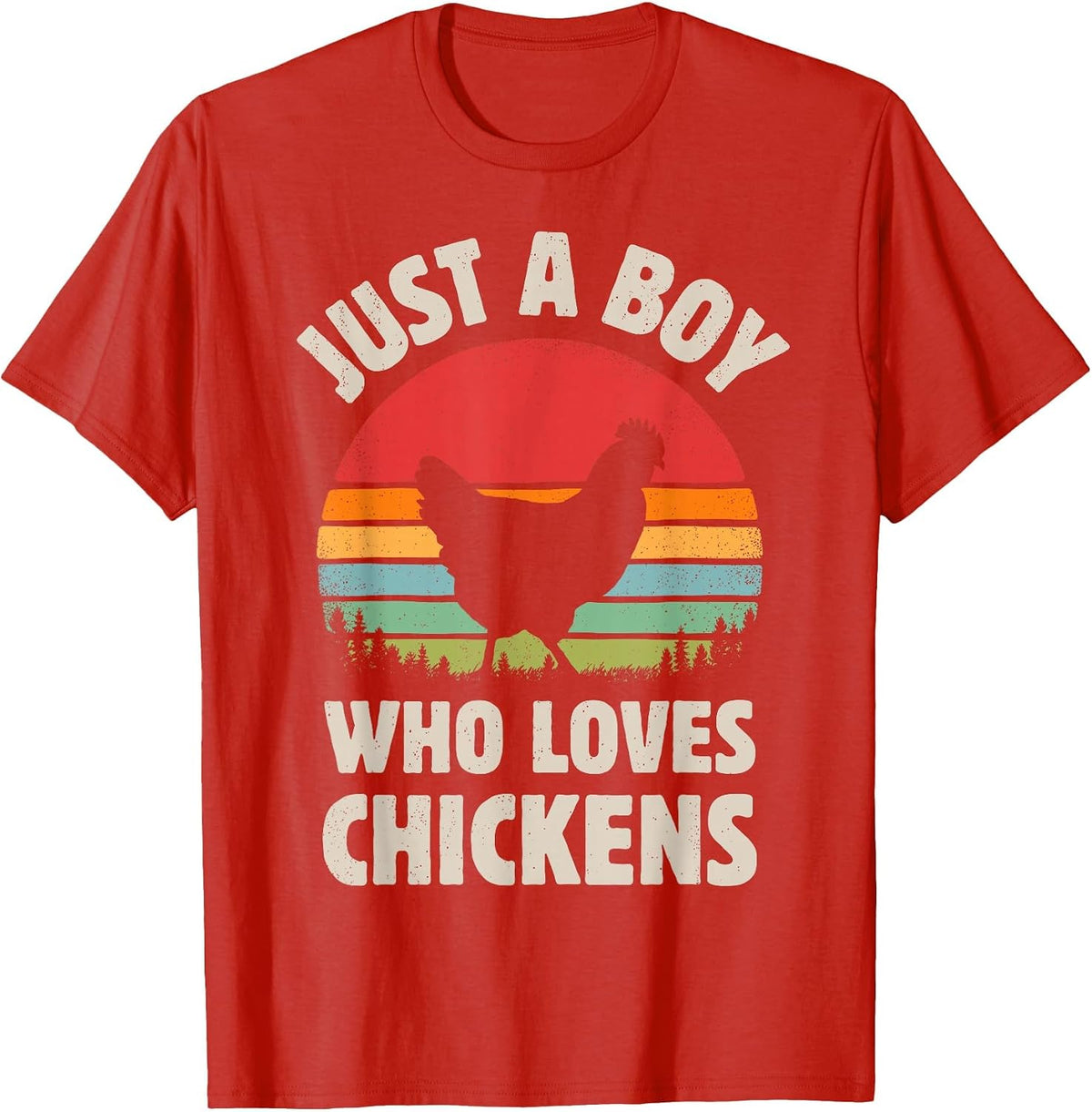 Chicken Just A Boy Who Loves Retro Farm Animal Farmer Sunset T-Shirt - Red