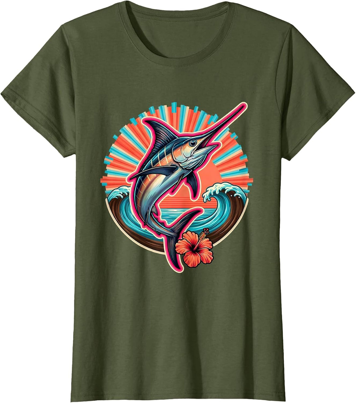 Women's Marlin Jumping at Sunrise Ocean Graphic T-Shirt - Olive Green