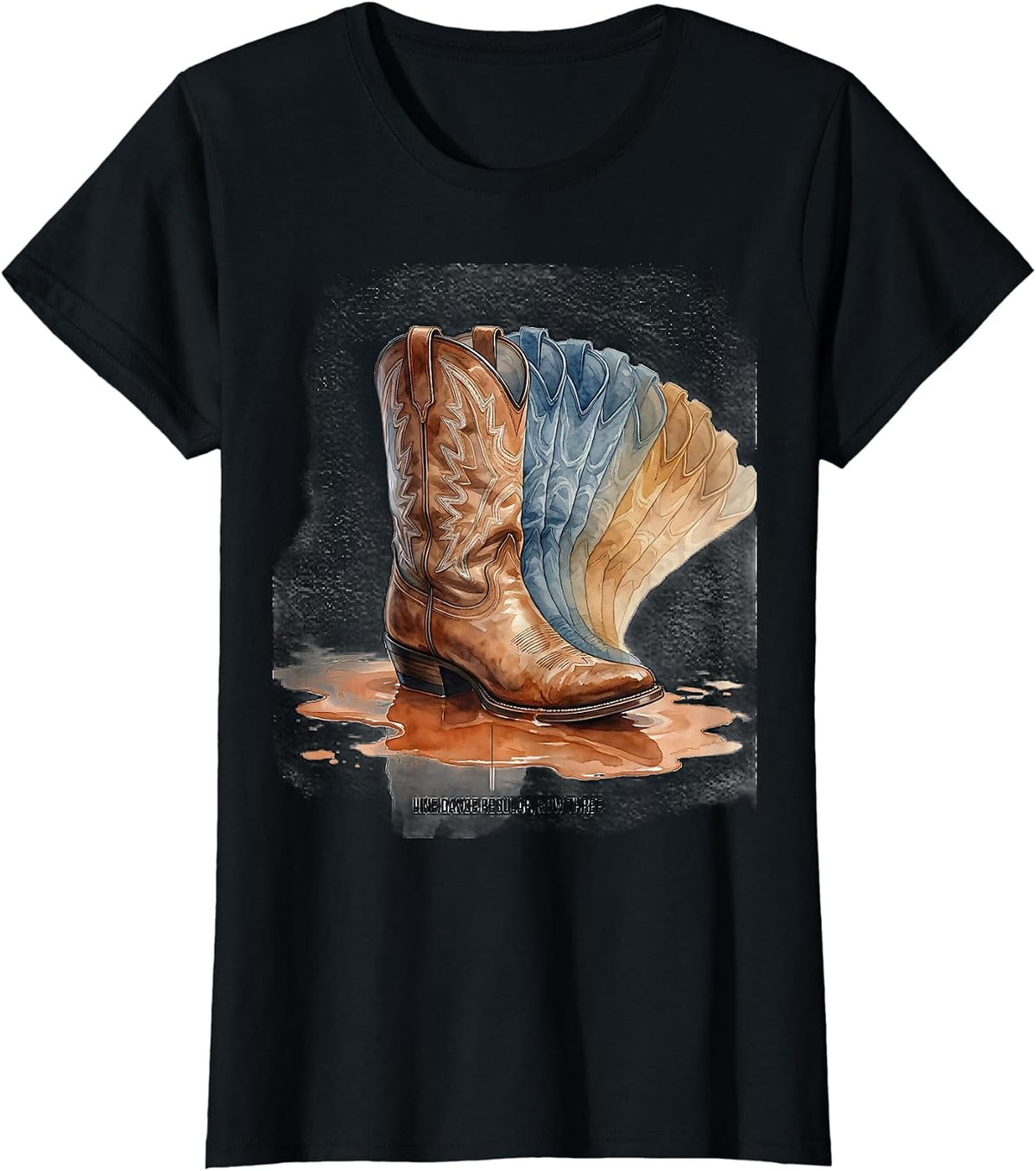 Women's Line Dance Regular Row Three Watercolor Cowboy Boot Dancer T-Shirt - Black