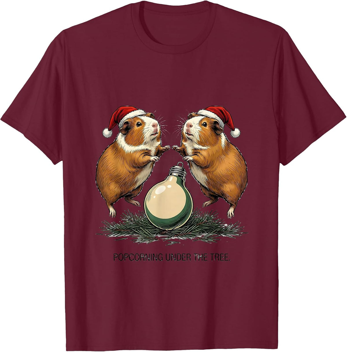 Men's Popcorning Under The Tree Funny Guinea Pig Christmas Santa T-Shirt - Burgundy