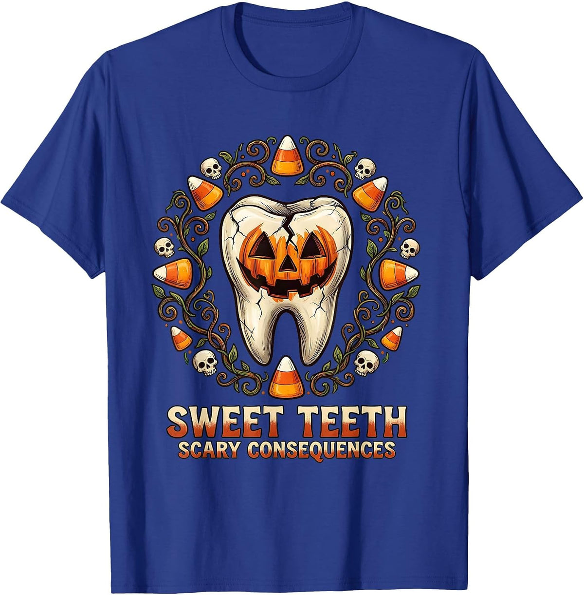 Men's Sweet Teeth Scary Consequences Dental Halloween T-Shirt - Royal Blue