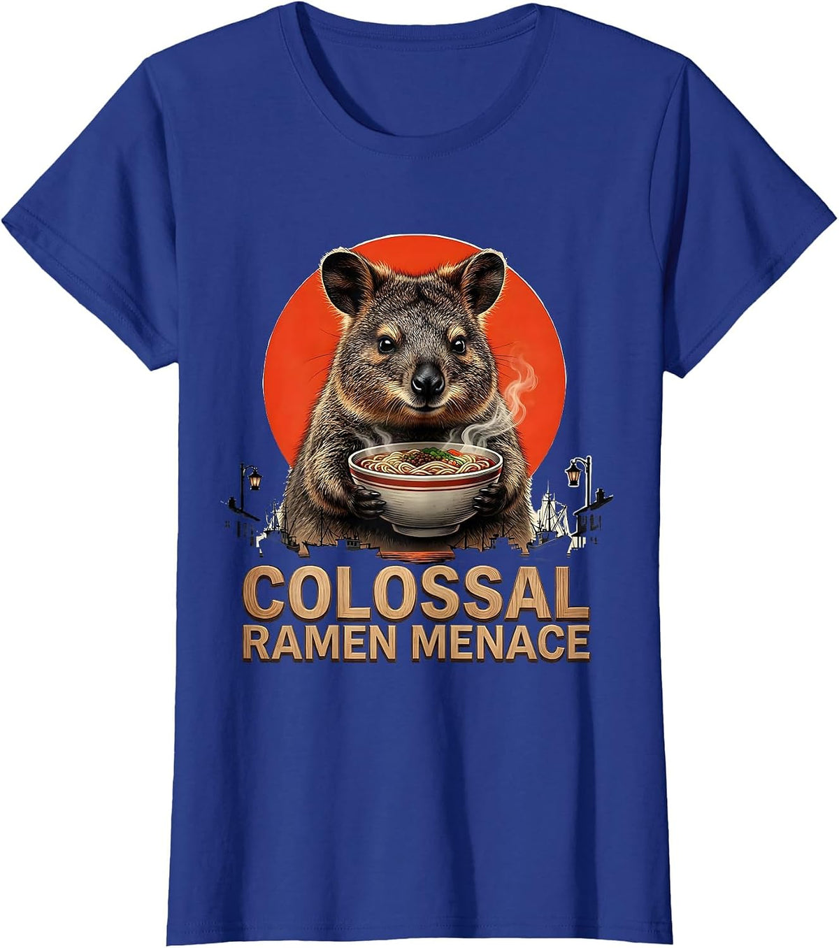 Women's Colossal Ramen Menace Funny Japanese Kaiju Kawaii Animal T-Shirt - Royal Blue