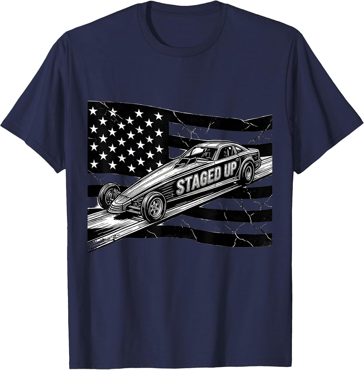 Men's Staged Up Line Art RC Dragster American Flag Racing Hobbyist T-Shirt - Navy Blue