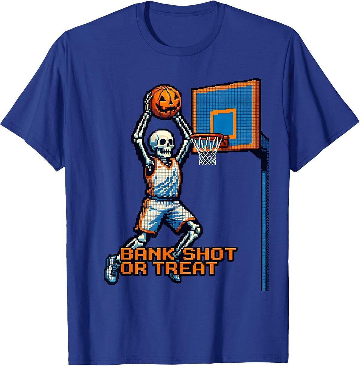 Men's Bank Shot or Treat Pixel Art Halloween Skeleton Basketball T-Shirt - Royal Blue