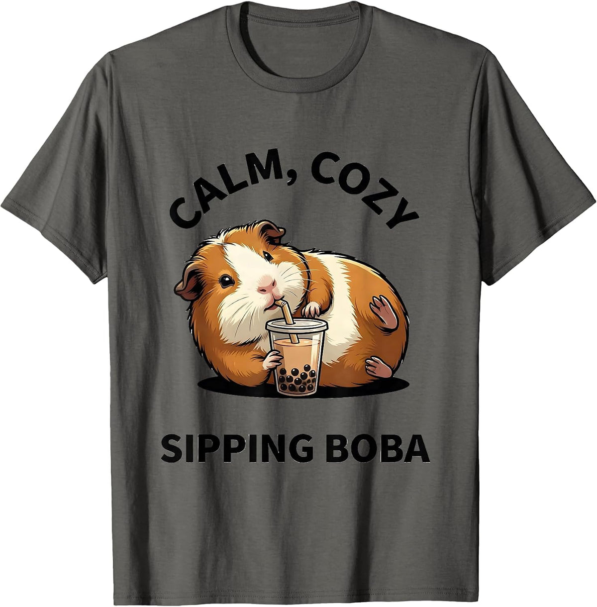 Calm Cozy Sipping Boba Cute Kawaii Guinea Pig Anime Girl T-Shirt - Asphalt Grey