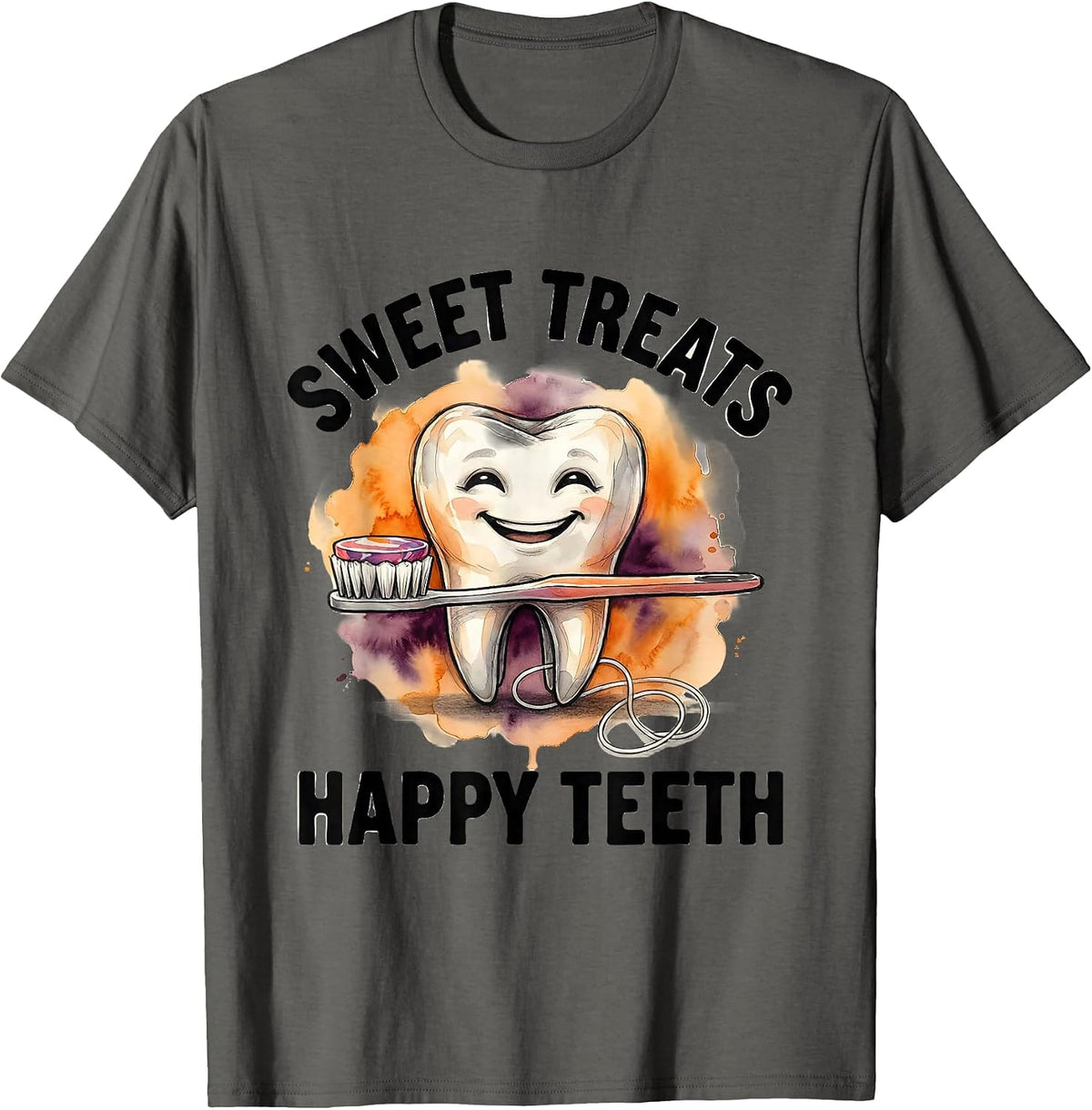 Men's Sweet Treats Happy Teeth Watercolor Dental Humor Halloween T-Shirt - Asphalt Grey