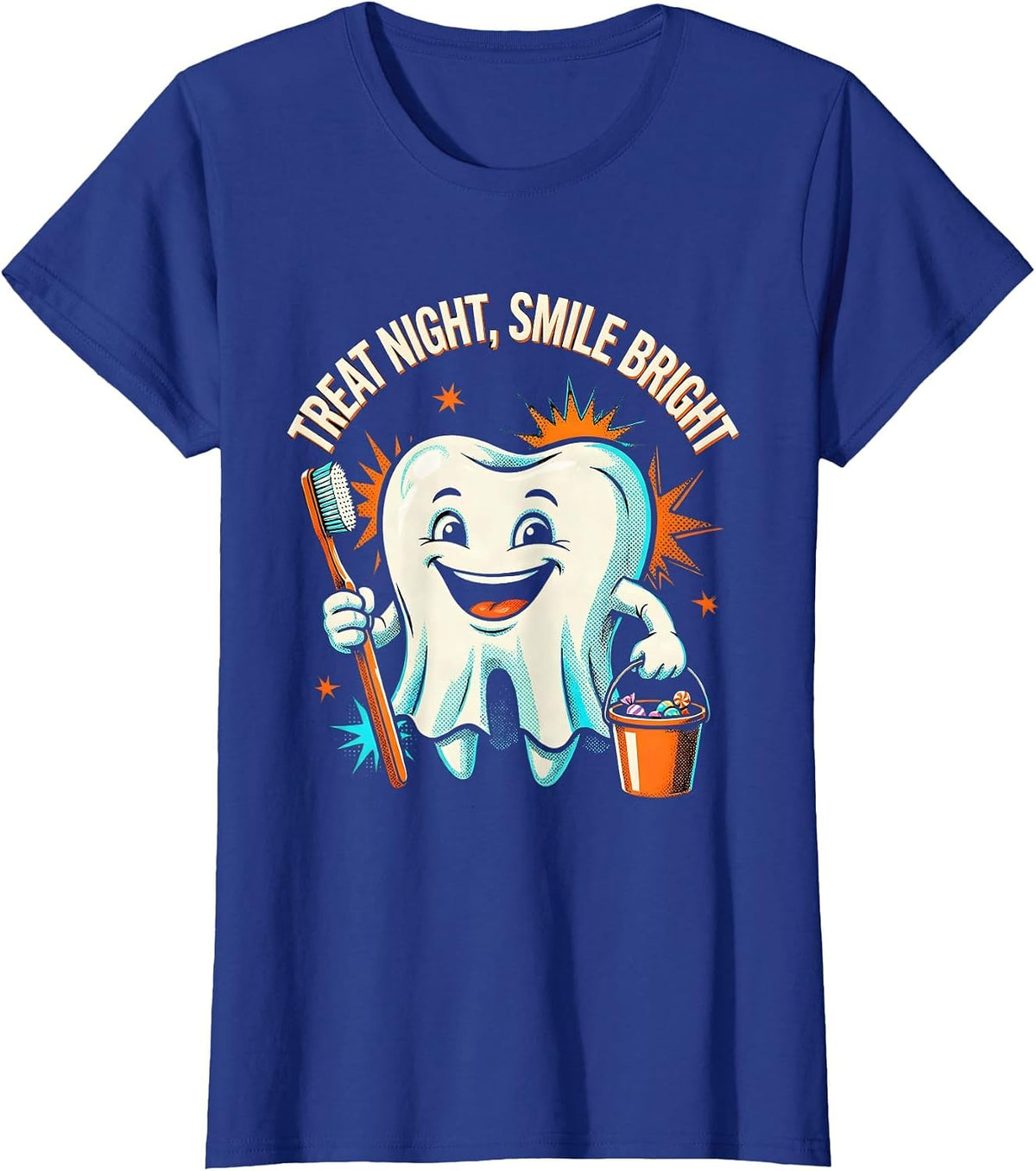 Women's Treat Night Smile Bright Pop Art Halloween Dentist Dental T-Shirt - Royal Blue