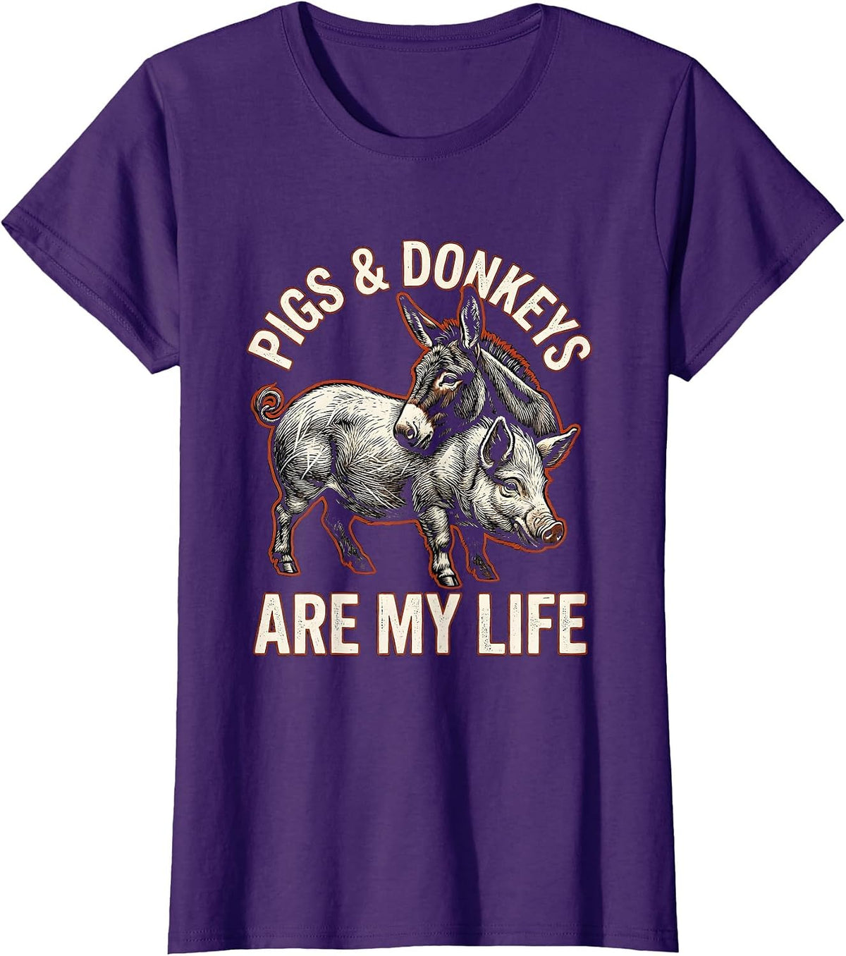 Women's Pigs & Donkeys Are My Life Funny Farm Animal Farmer Humor T-Shirt - Purple