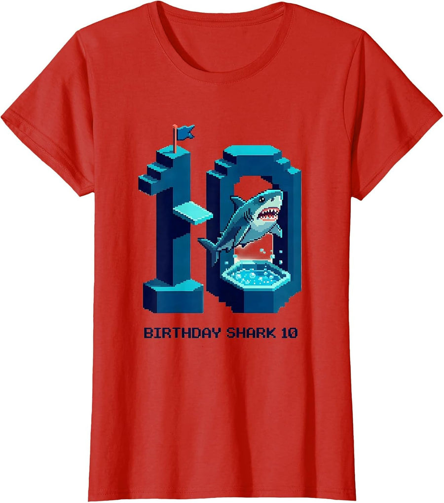 Women's Birthday Shark 10 Pixel Art Kids Ocean Party Age 10 T-Shirt - Red