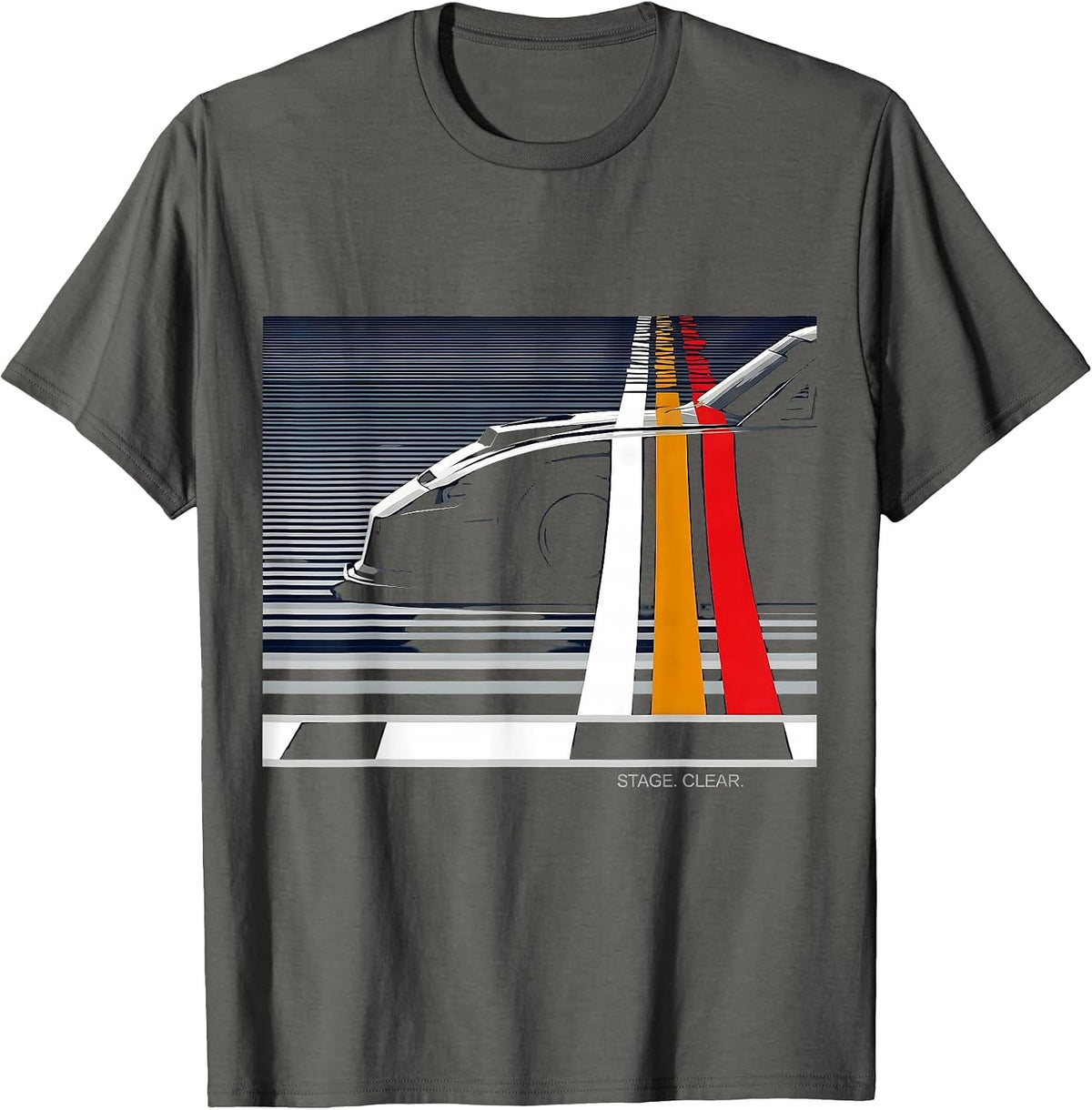 Stage. Clear Disrupted Stripe Drag Racing RC Car Enthusiast T-Shirt - Asphalt Grey