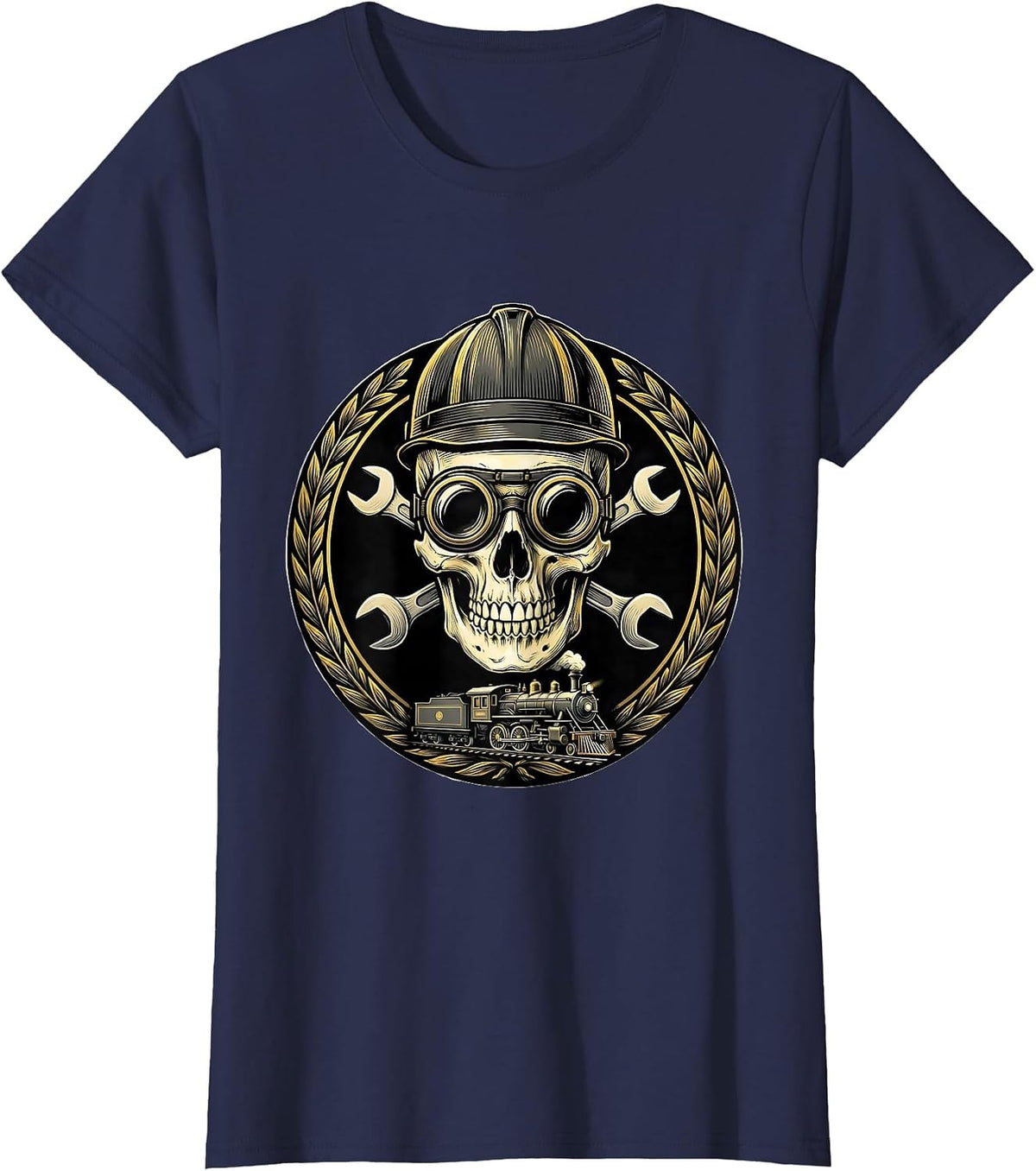 Women's Skull Engineer Cap and Goggles Graphic Tee T-Shirt - Navy Blue