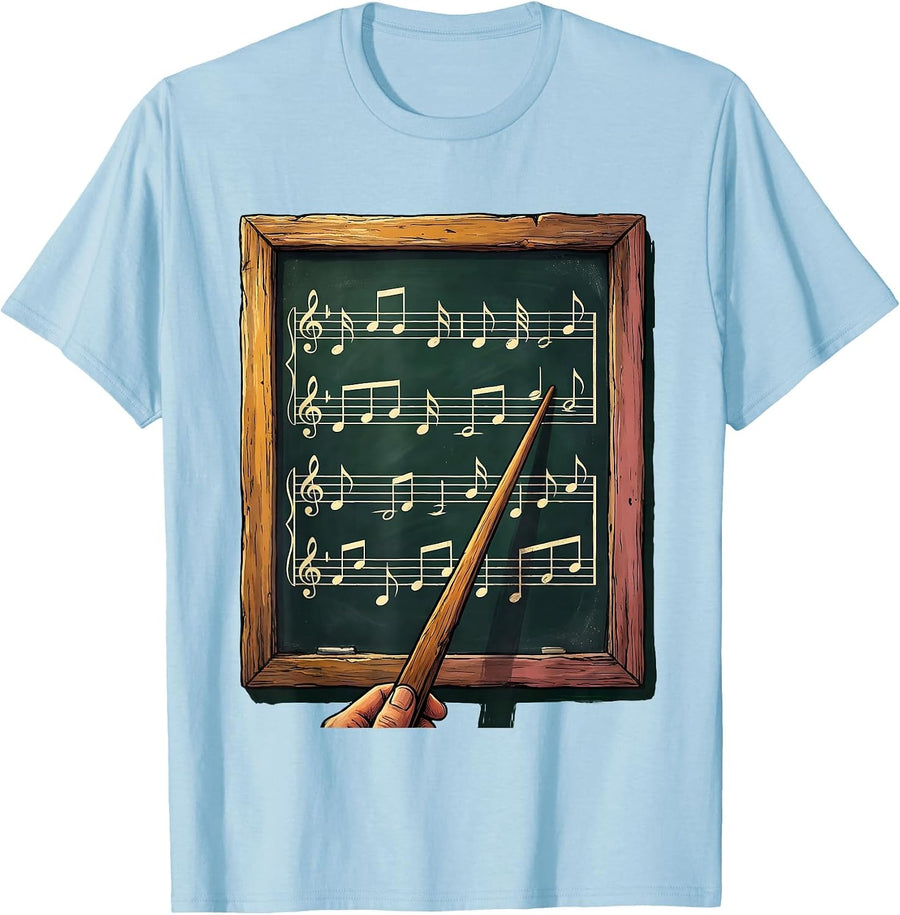 Men's Music Teacher Chalkboard Staff Notes Illustration T-Shirt - Baby Blue