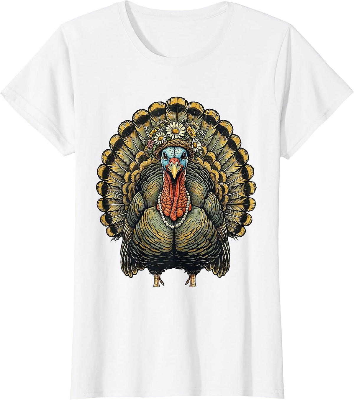 Floral Crown Turkey with Pearls Illustration T-Shirt - White