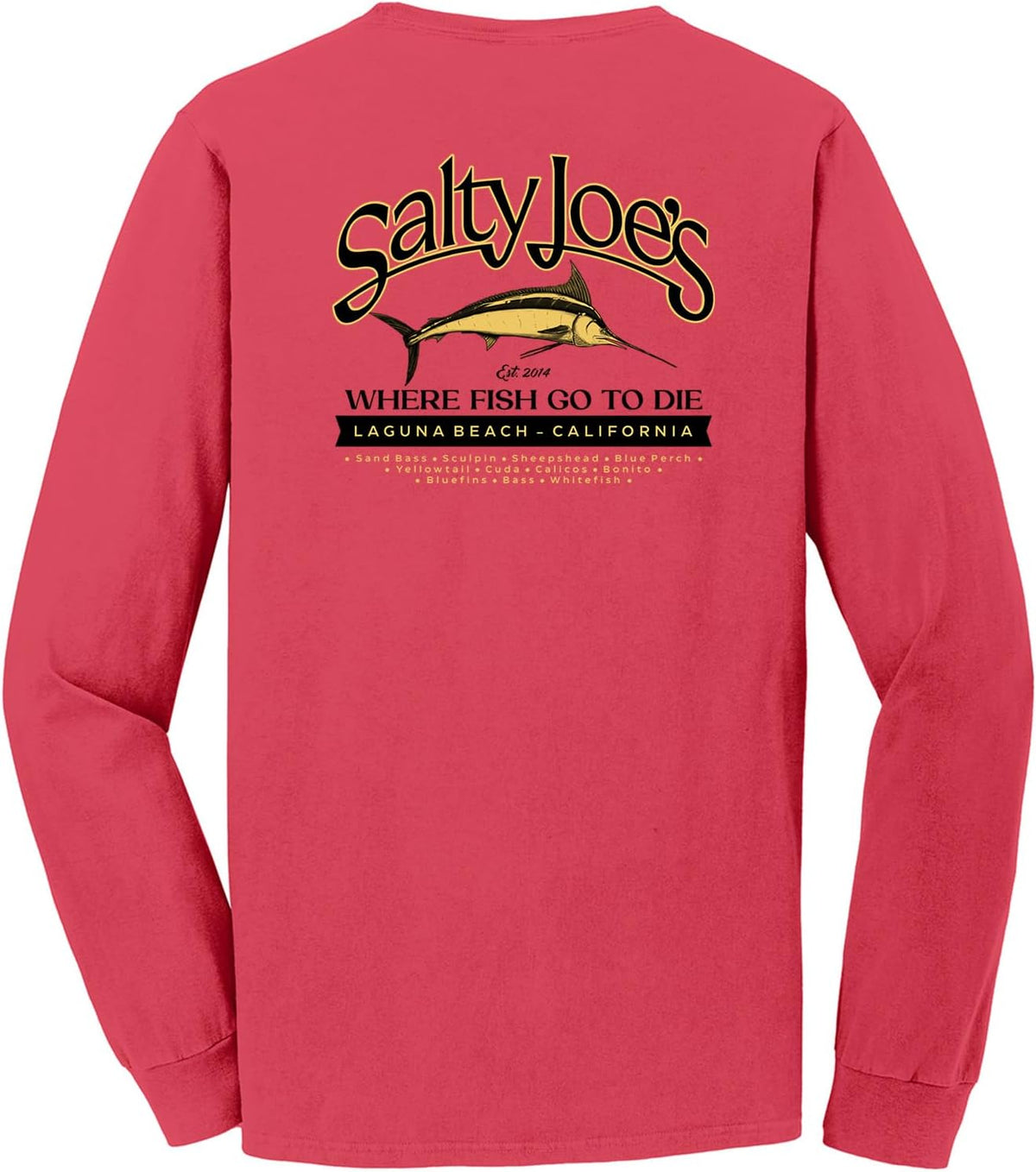 SALTY JOES Men's Fish Count Pigment Dyed Long Sleeve Tee - Poppy \/ Fish Count Logo