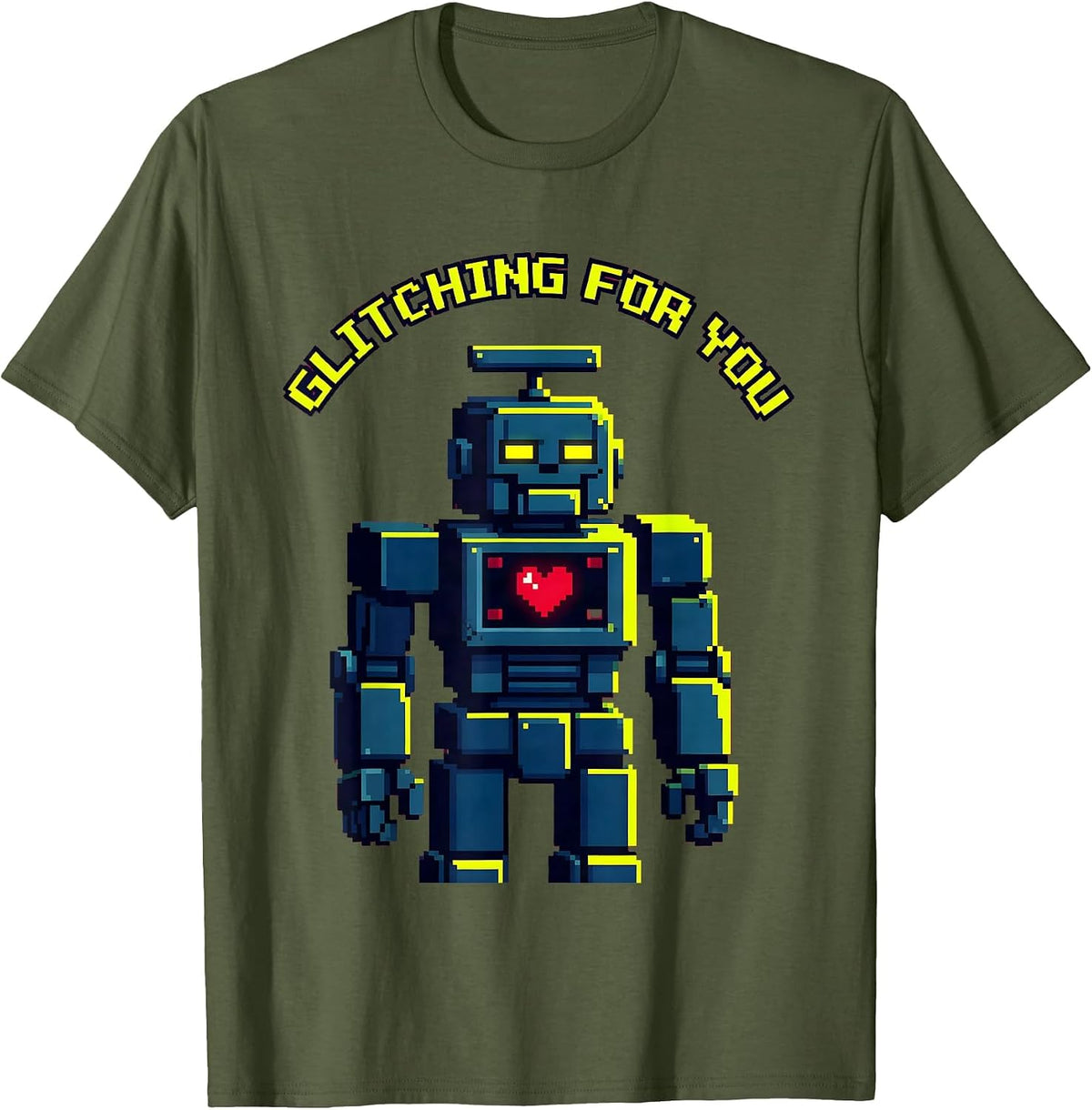 Men's Glitching For You Pixel Art Valentine Heart Robot Novelty T-Shirt - Olive Green