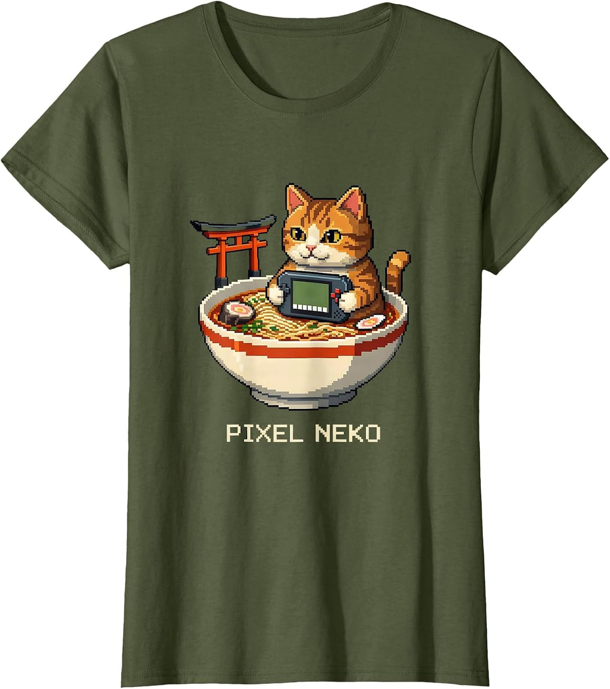 Women's Pixel Neko Funny Anime Cat Gaming Kawaii Japanese Art T-Shirt - Olive Green