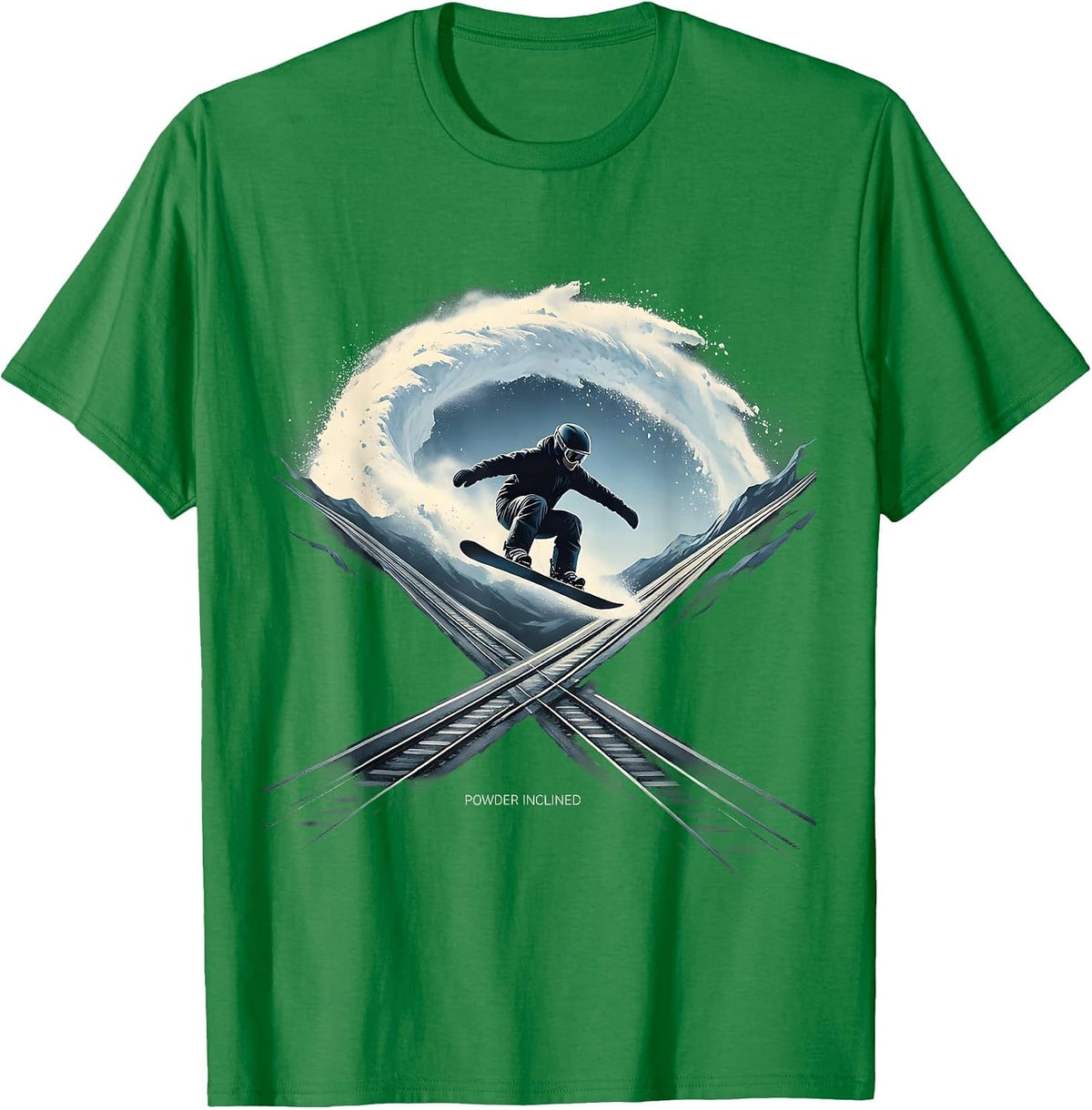 Men's Powder Inclined Minimalist Snowboarder Humor Winter Sports T-Shirt - Kelly Green