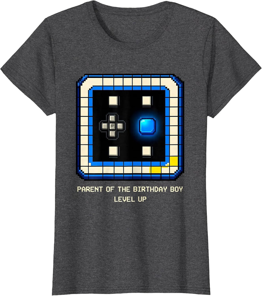 Women's Parent Of The Birthday Boy Level Up Pixel Art Video Game T-Shirt - Dark Heather Grey