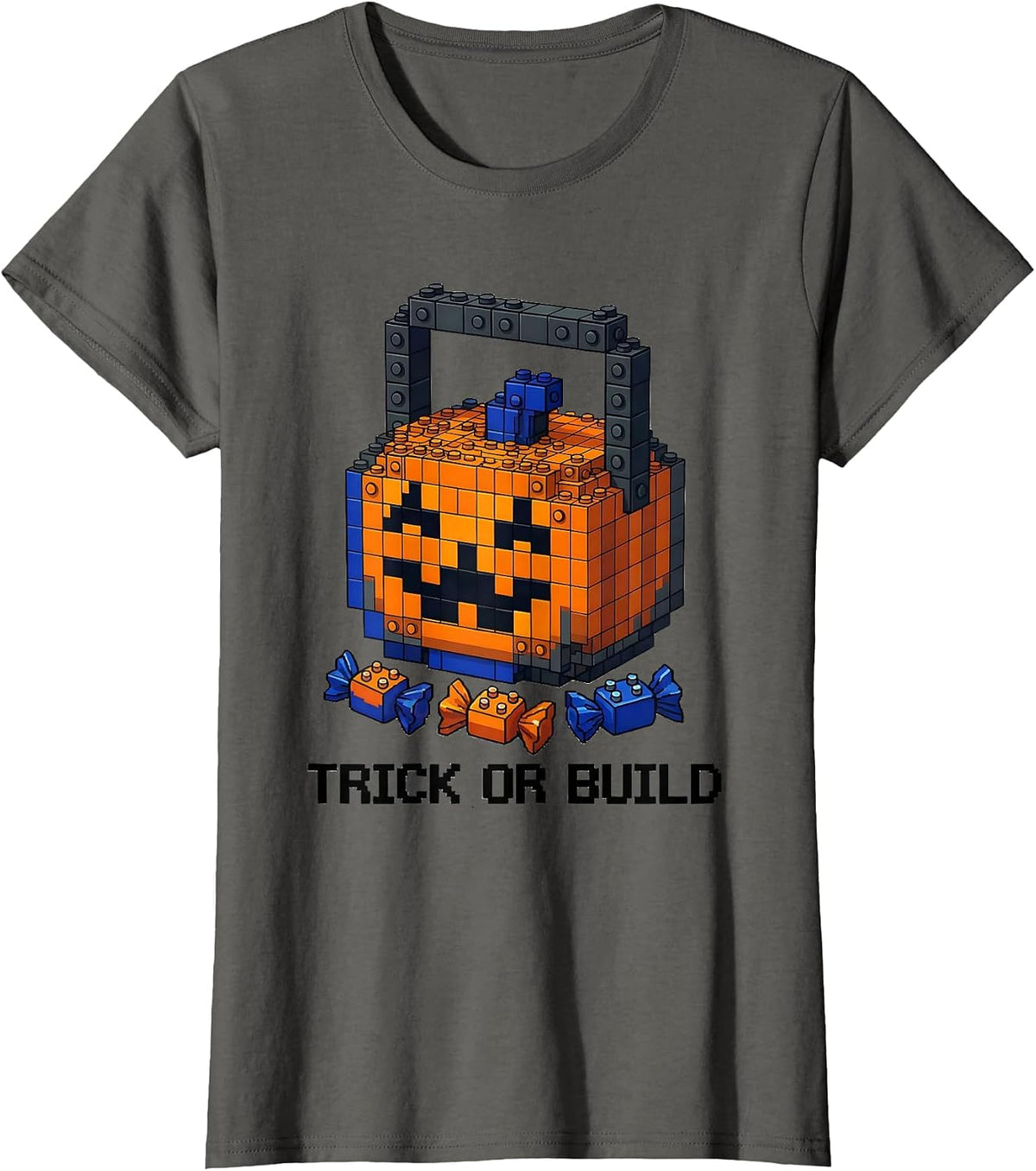 Women's Trick Or Build Pixel Art Halloween Building Blocks Costume T-Shirt - Asphalt Grey
