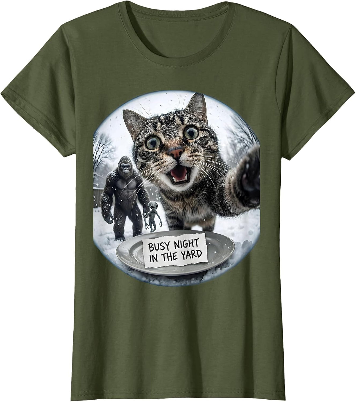 Women's Busy Night In The Yard Funny Cat Bigfoot Alien Meme Humor T-Shirt - Olive Green