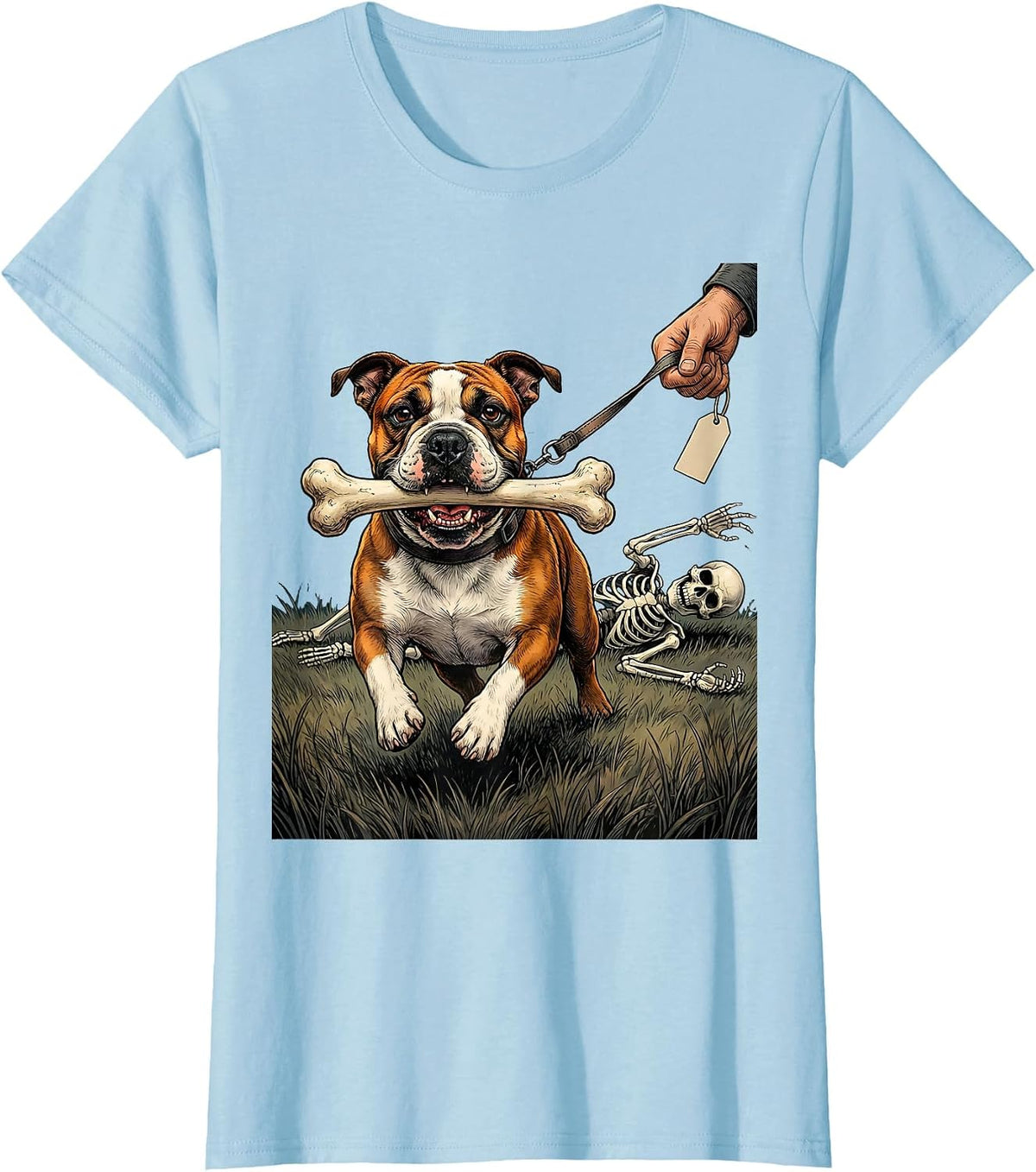Bull Terrier Steals Bone Funny Skeleton Halloween Dog Mom T-Shirt - Baby Blue