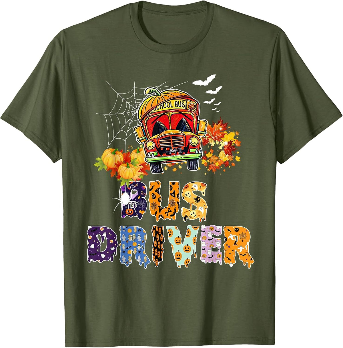 Bus Driver School Bus Halloween Costume with Pumpkin Men T-Shirt - Olive Green