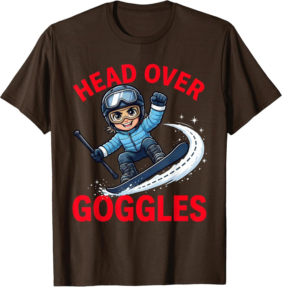HEAD OVER GOGGLES Funny Snowboarder Ski Lover Winter T-Shirt - Brown