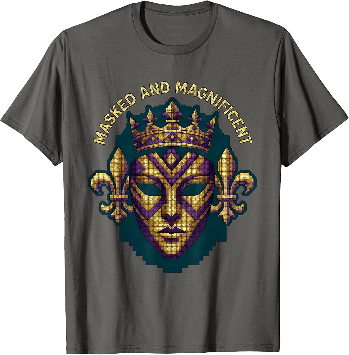 Men's Masked and Magnificent Mardi Gras Design T-Shirt - Asphalt Grey