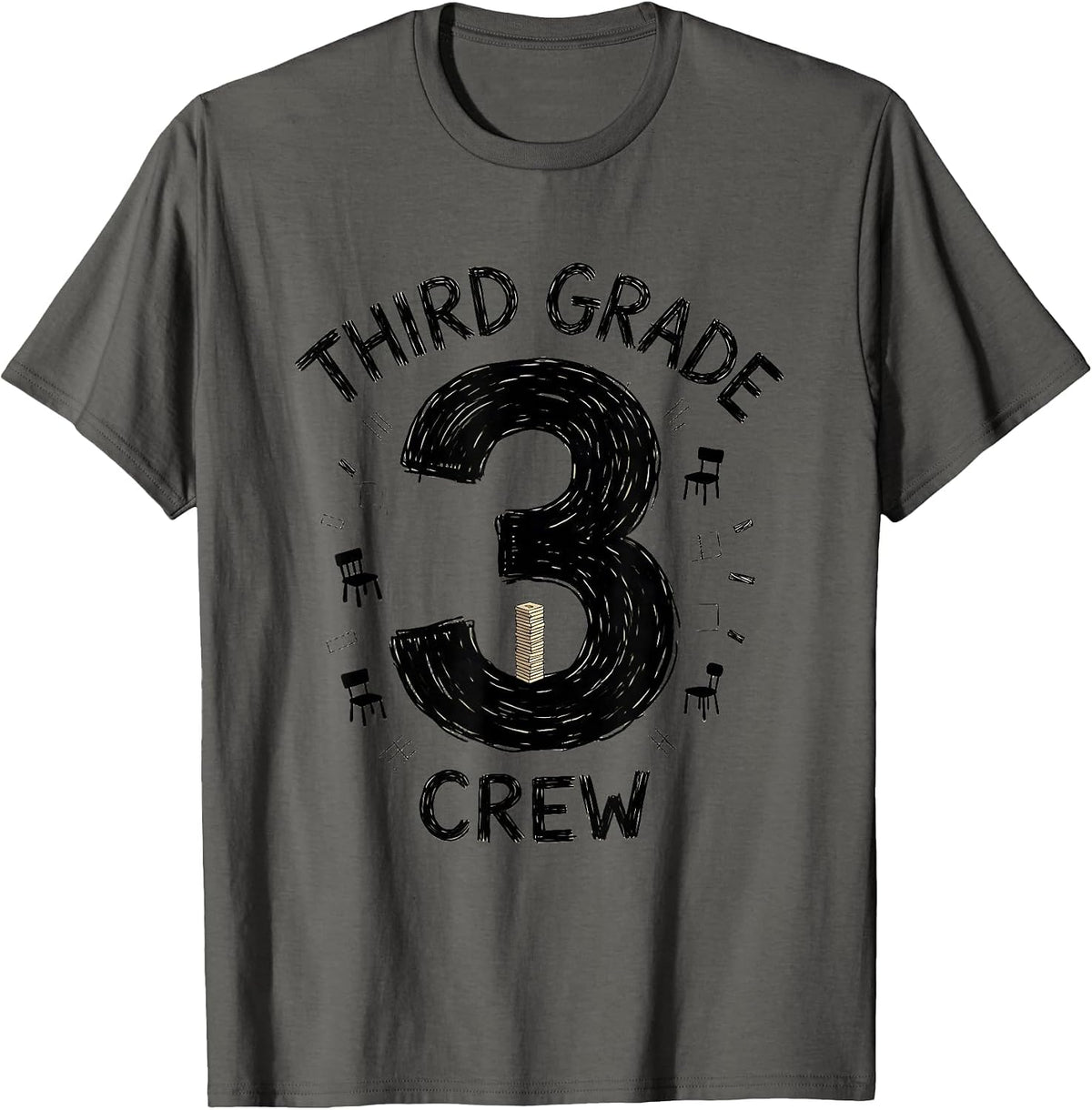 Third Grade Crew Hand-Sketched Teacher Humor Pride T-Shirt - Asphalt Grey