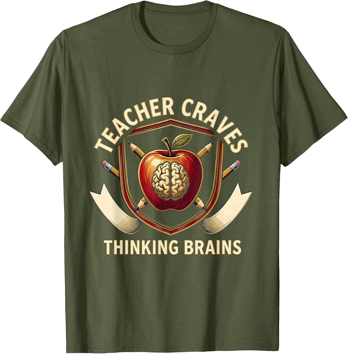 Men's Teacher Craves Thinking Brains Funny Teacher Halloween Humor T-Shirt - Olive Green