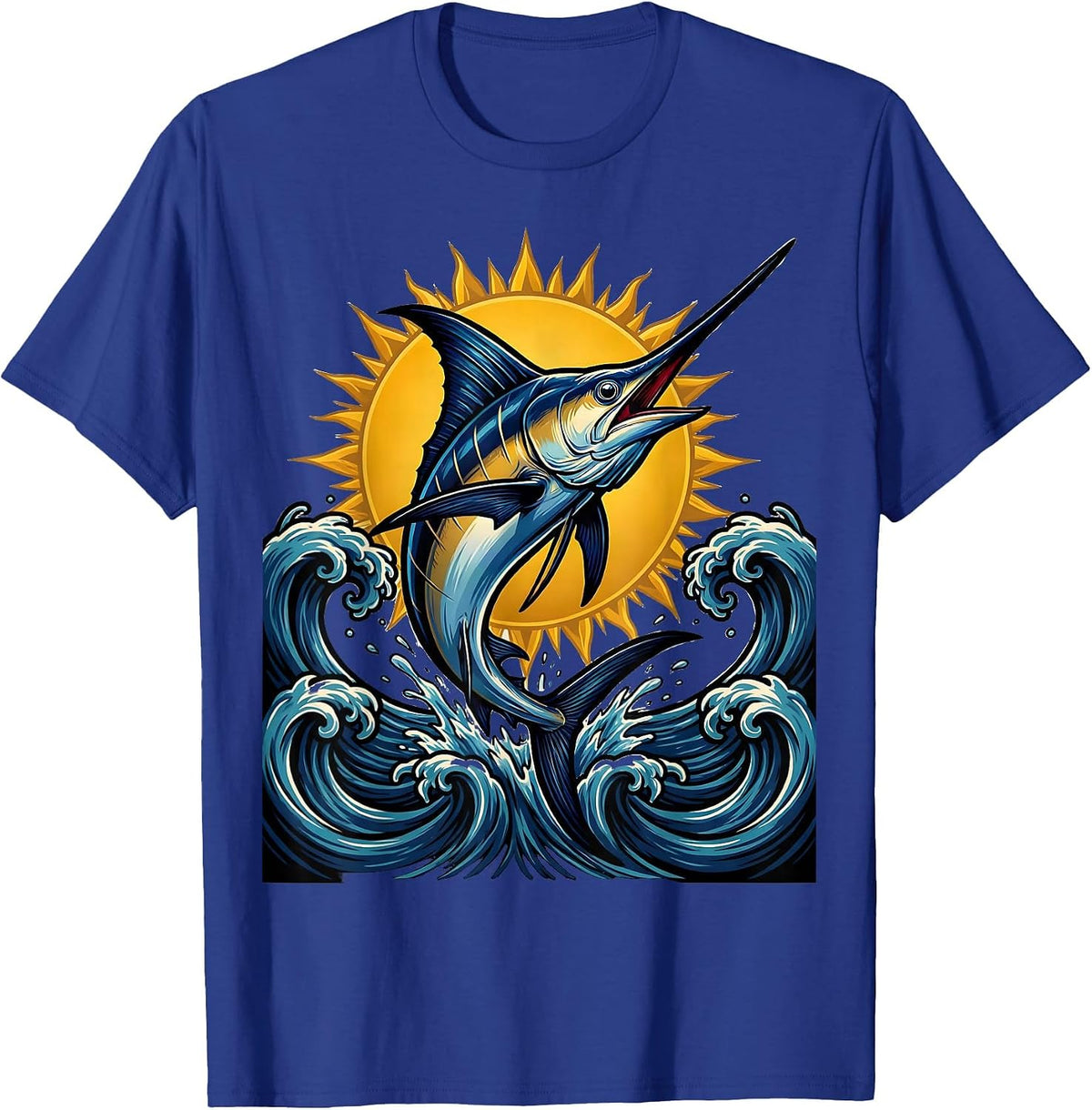 Caribbean Marlin Leaping at Sunset Illustration T-Shirt - Royal Blue