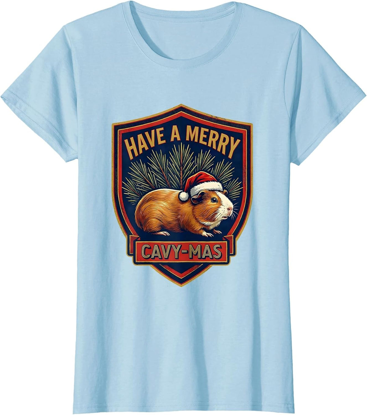 Women's Have A Merry Cavy-mas Funny Guinea Pig Christmas Santa Hat T-Shirt - Baby Blue