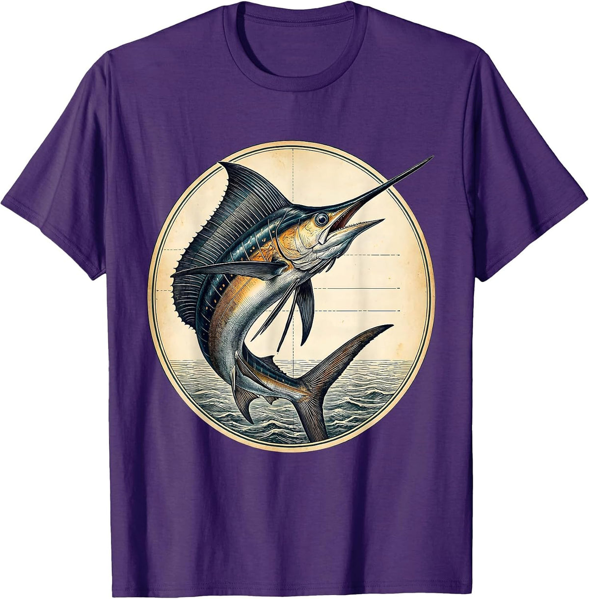 Giant Marlin Breaching Ocean Sunset Fishing Design T-Shirt - Purple