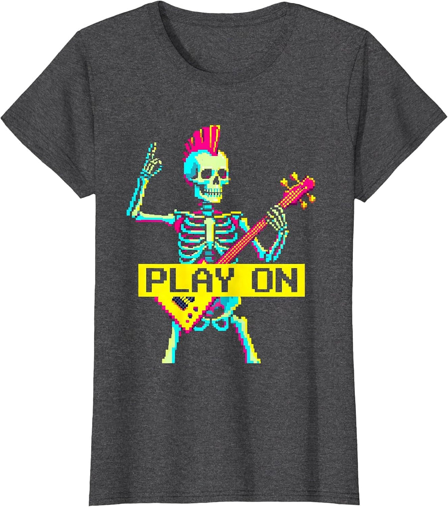 Women's Play On Pixel Art Punk Rock Skeleton Skull Halloween Music T-Shirt - Dark Heather Grey