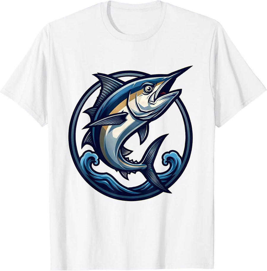 Men's Tuna Fish Jumping Ocean Waves Graphic T-Shirt - White