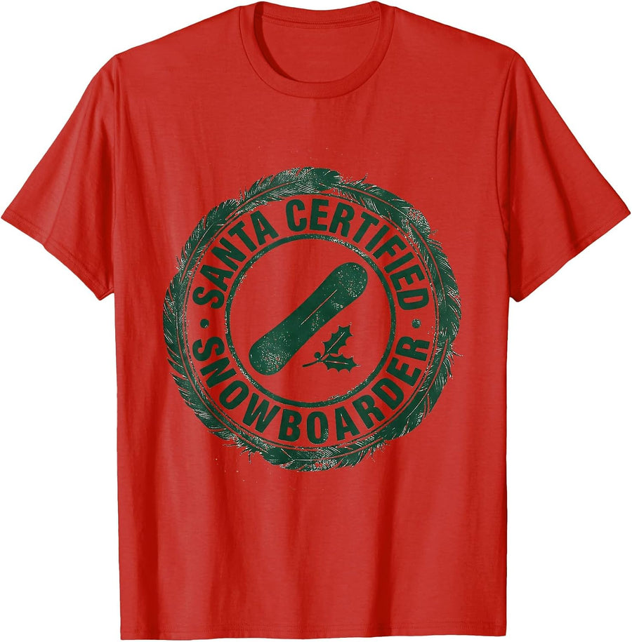 Men's Santa Certified Snowboarder Vintage Holiday Snowboarder Gift T-Shirt - Red