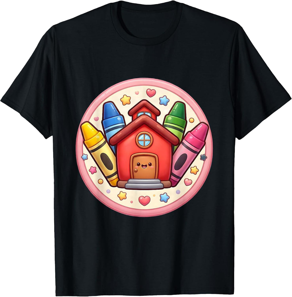 Men's Kindergarten Teacher Schoolhouse Crayon Art T-Shirt - Black