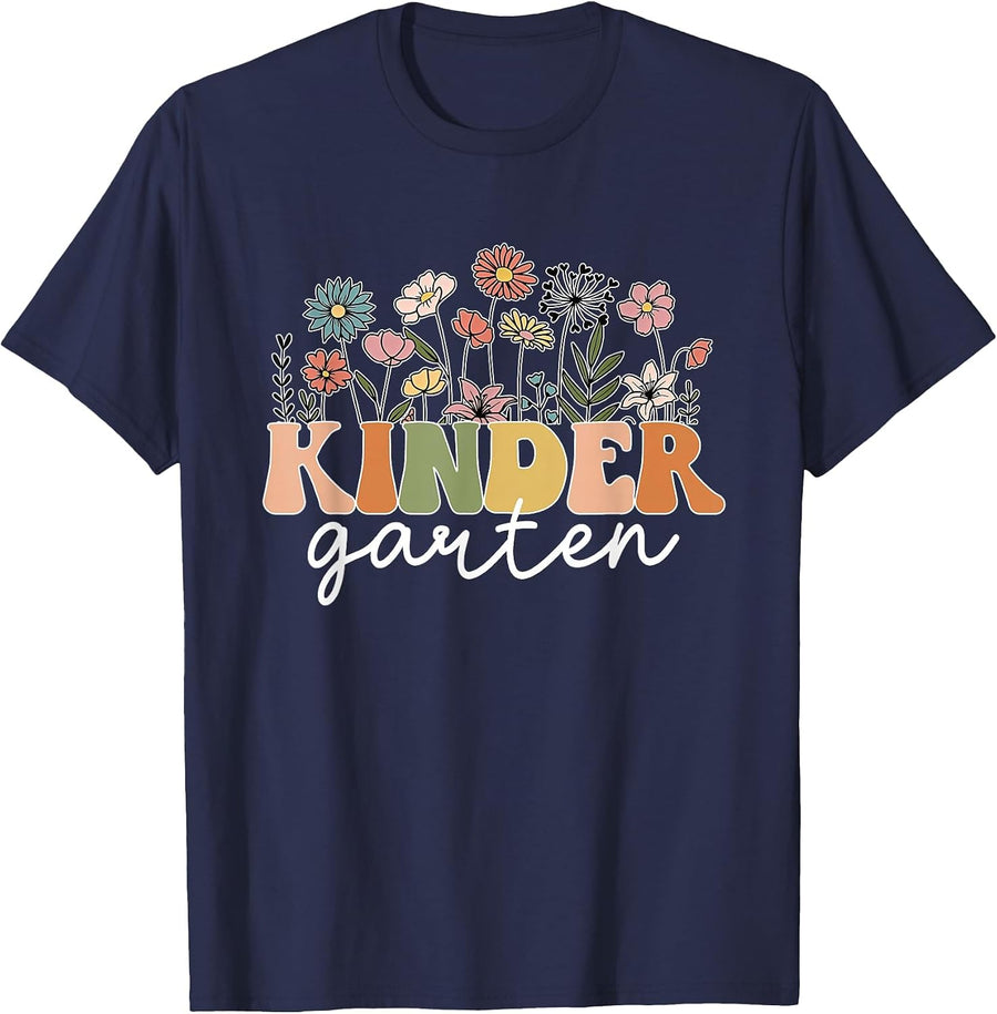 Kindergarten Teacher Wildflower Back to School Floral Outfit T-Shirt - Navy Blue