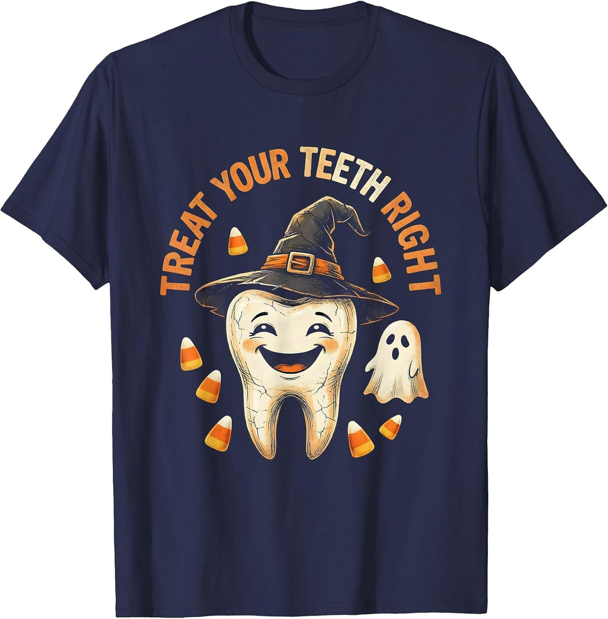 Halloween Dental Treat Your Teeth Right Design T-Shirt - Navy Blue