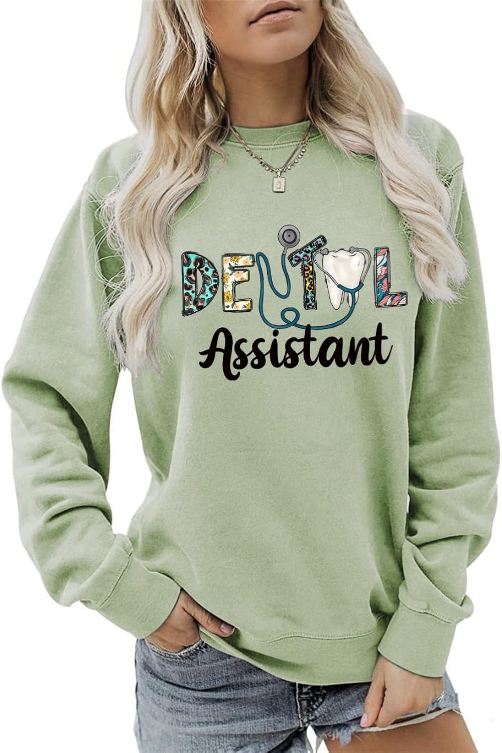 MEKOTSK Dental Assistant Sweatshirt Women Funny Graphic Shirts Long Sleeve Crewneck Fashion Pullover Tops Dentist Gifts -