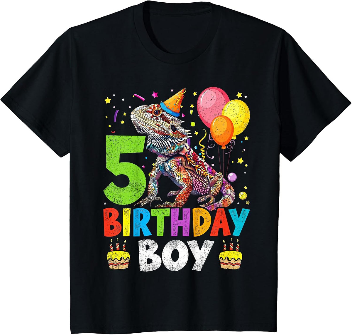 5th Birthday Boy Bearded Dragon 5 Years Old Bday Party T-Shirt - Black
