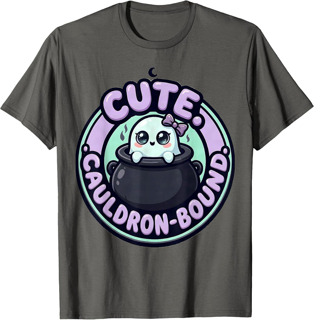 Cute Cauldron-Bound Cartoon Kawaii Pastel Goth Creepy-Cute T-Shirt - Asphalt Grey