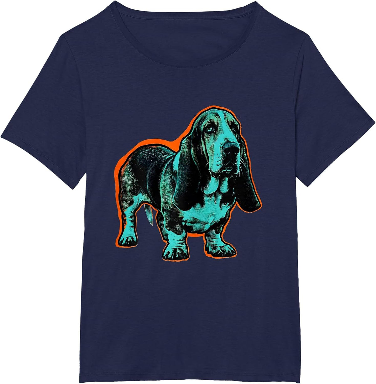 Women's Basset Hound Ghost Pumpkin Risograph Halloween Dog Lover T-Shirt - Navy Blue
